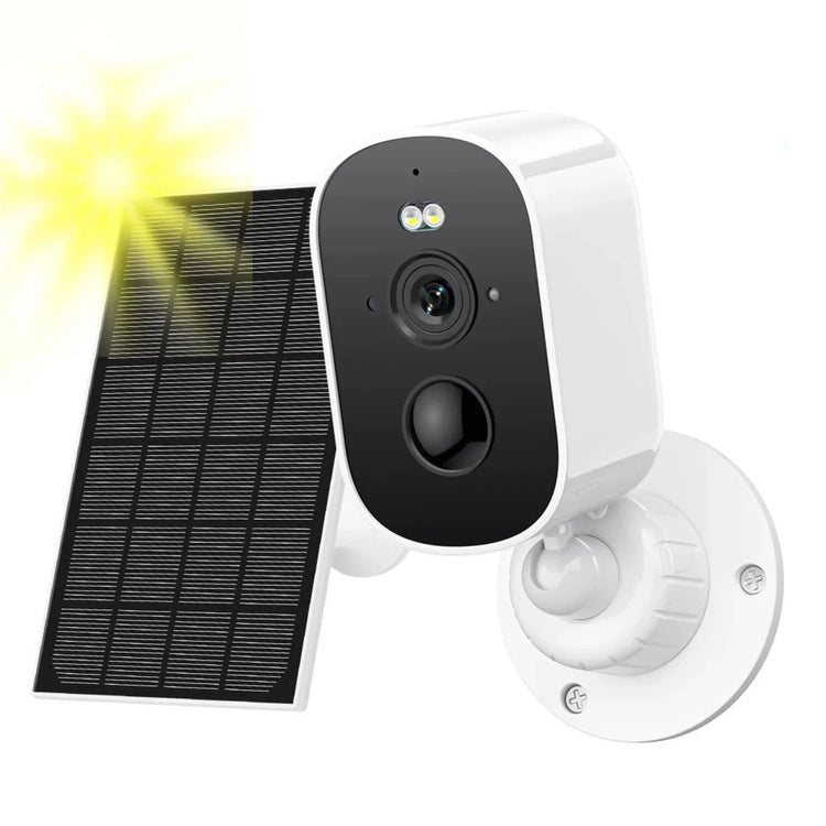 White wireless security camera with black faceplate and attached solar panel for outdoor use