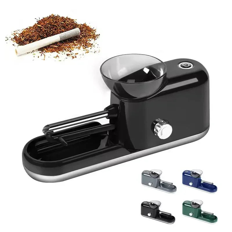 Electric cigarette rolling machine with tobacco and finished roll, shown in multiple colors.