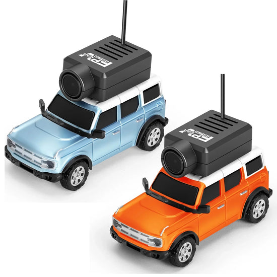 Mini RC SUV toy cars in metallic blue and orange with mounted black camera modules on white background.