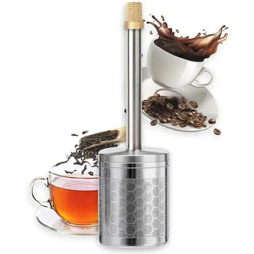 Stainless steel tea and coffee infuser with hexagon design, next to tea and coffee cups.