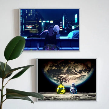 Two framed anime-style art prints featuring futuristic streetwear outfits, vibrant city and space backgrounds.