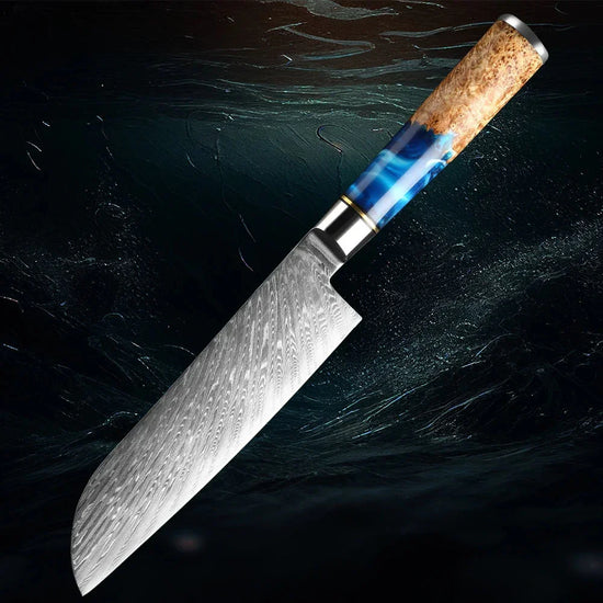Santoku chef knife with Damascus steel blade and blue resin wood handle