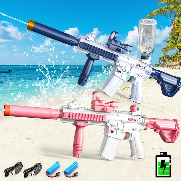 Blue and pink water blaster rifles with white bodies, plastic material, semi-realistic design, beach background, includes USB chargers and batteries.