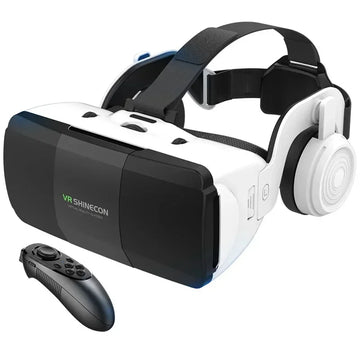 Black and white VR headset with adjustable head strap and handheld wireless controller