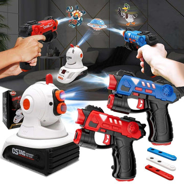 Red and blue infrared toy ray guns with futuristic design, plastic material, ergonomic fit, used in a home setting with interactive target system.