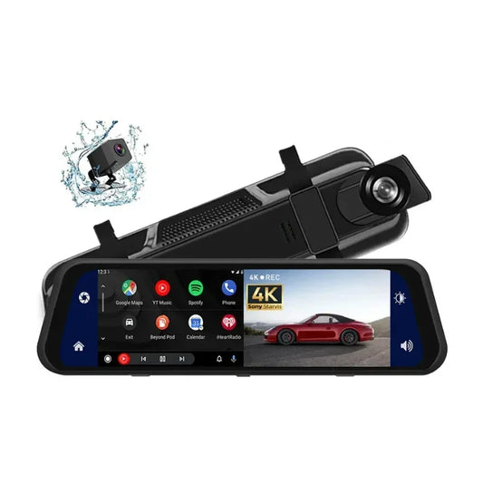Smart rearview mirror dash cam with touch screen display, 4K video recording, and waterproof camera