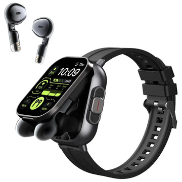 Black smartwatch with silicone band and integrated earbuds, modern tech accessory
