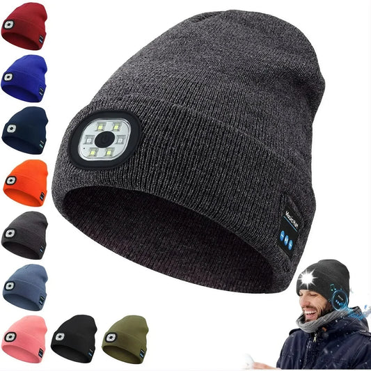 Unisex knit beanie with built-in LED light and Bluetooth, available in multiple colors, winter streetwear style