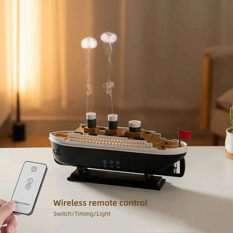 Ship-shaped humidifier with remote control, wood and black finish, emitting mist