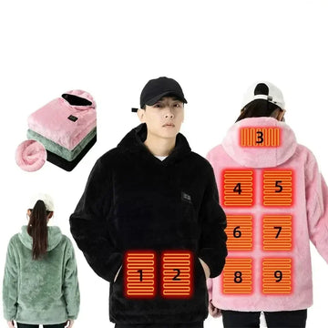 Unisex oversized fleece hoodie in black, pink, and green with built-in heating pads and relaxed fit.