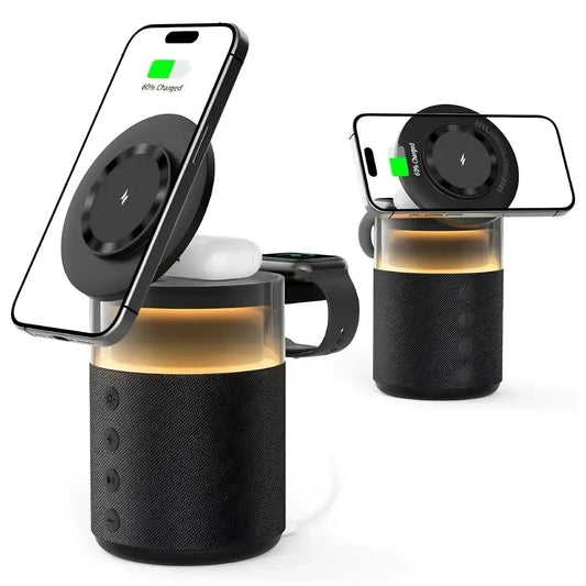 Multi-device wireless charging station with black textured base, LED light, and phone dock
