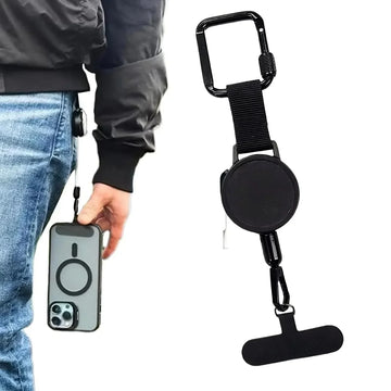Black retractable phone tether clipped to casual jeans and bomber jacket outfit