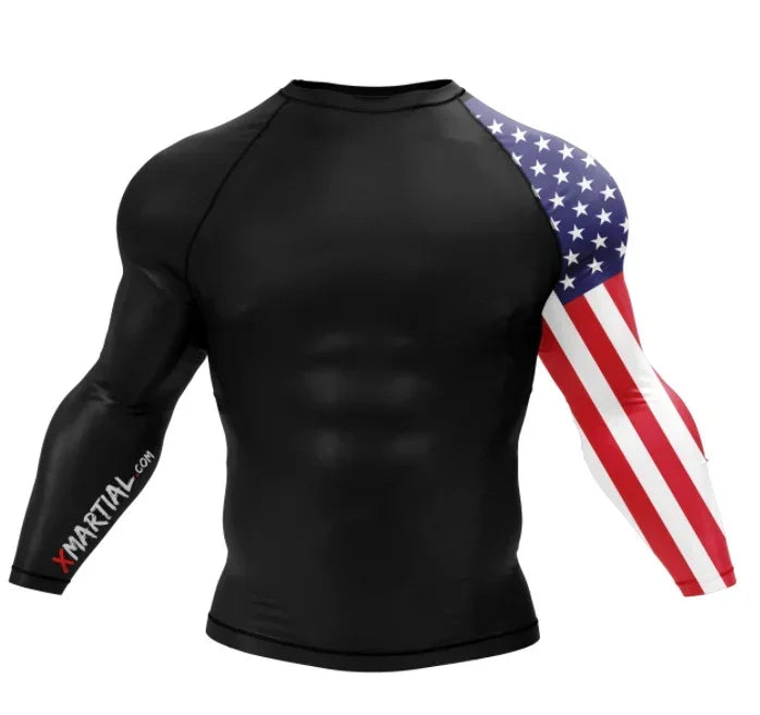 Black long sleeve compression shirt with US flag design on right sleeve, slim athletic fit