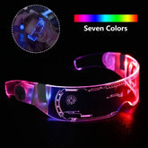 Futuristic LED visor glasses with clear acrylic frame, glowing in multiple neon colors, tech style