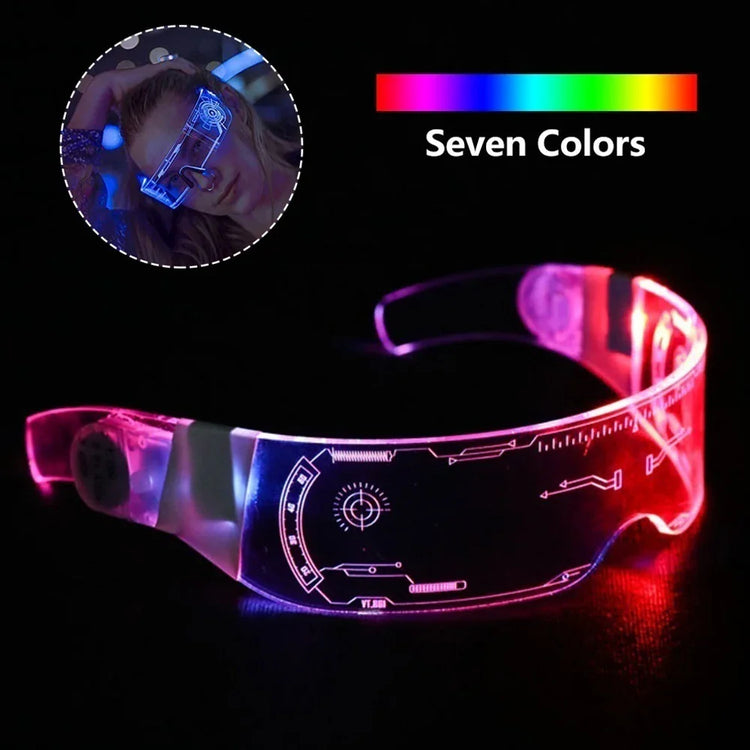 Futuristic LED visor glasses with clear acrylic frame, glowing in multiple neon colors, tech style