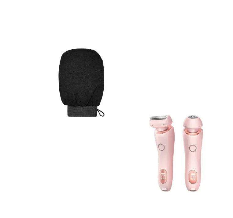 Black exfoliating glove and two pink electric shavers on white background
