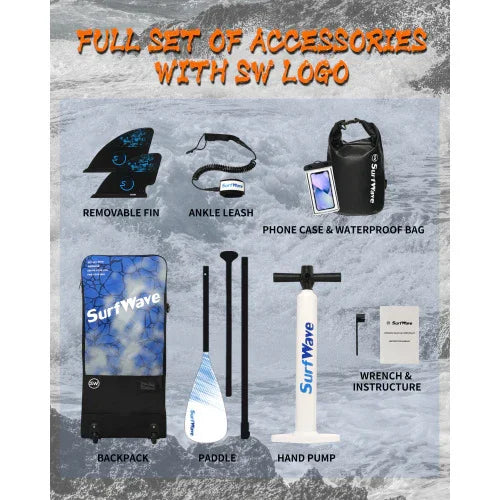 Accessory set for paddleboard including removable fin, ankle leash, paddle, hand pump, waterproof phone case, backpack, and wrench kit. Multiple black and blue items displayed on gray background.