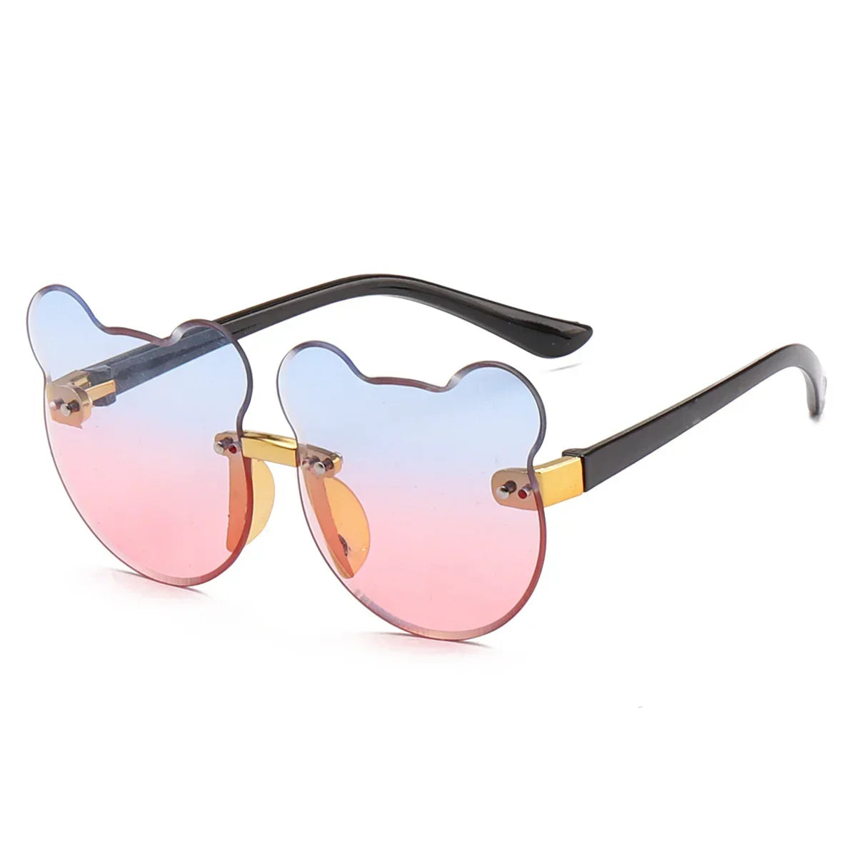 Bear-shaped gradient sunglasses with blue and pink lenses, gold and black arms, playful style