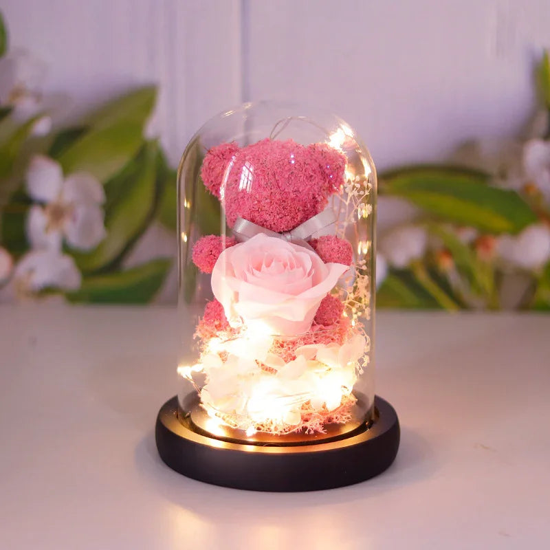 Pink teddy bear and rose bouquet under glass dome with LED lights, romantic gift decor