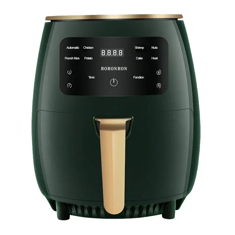 Matte dark green air fryer with digital display, gold handle, and preset cooking functions