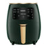 Matte dark green air fryer with digital display, gold handle, and preset cooking functions