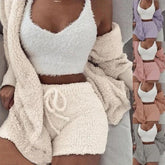 Womens fuzzy loungewear set with tank top, shorts, and cardigan in beige, available in multiple pastel colors, relaxed fit.