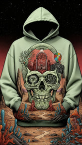 Futuristic streetwear hoodie in light green with oversized fit and detailed skull graphic print