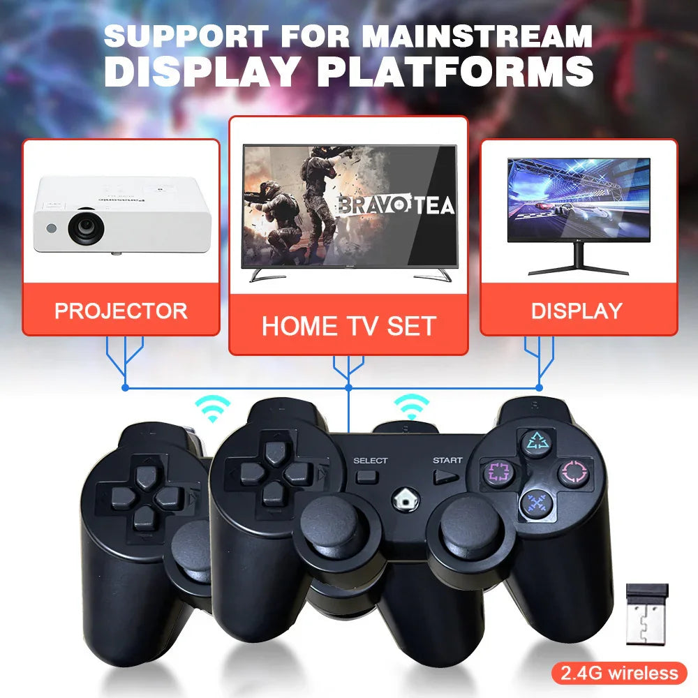 Black wireless game controllers with 2.4G USB receiver, compatible with projector, TV, and monitor.
