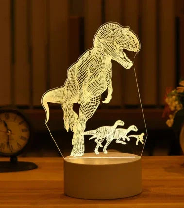 LED dinosaur night light with 3D illusion design, glowing in warm white, on wooden table