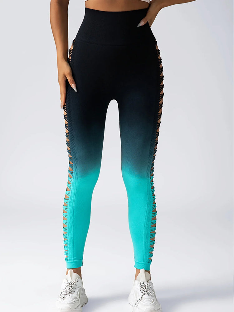 High waisted ombre leggings in black and turquoise with side lattice cut-out detail, slim fit