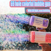 Two handheld bubble guns with pink and purple accents shooting streams of colorful bubbles outdoors