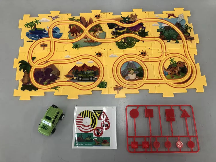 Yellow dinosaur-themed play mat with road track, green toy car, stickers, and red traffic sign pieces.