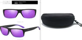 Black frame sunglasses with purple mirrored lenses and a hard black carrying case