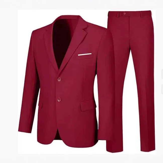 Men's slim fit two-piece burgundy suit with notch lapel and single-breasted design
