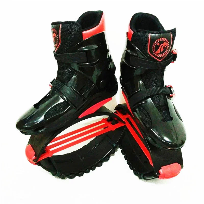 Black and red futuristic fitness jump shoes with adjustable straps and sturdy rubber soles
