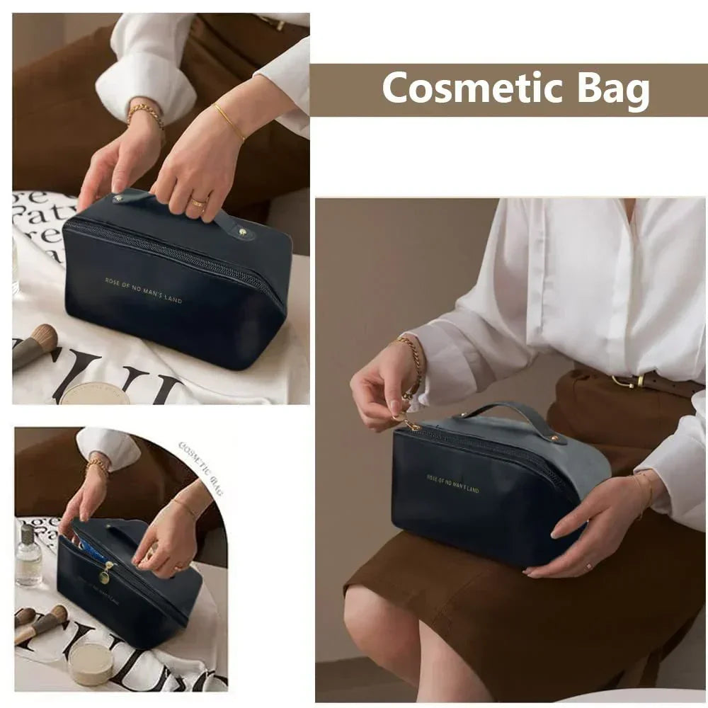 Woman in white blouse and brown skirt holding a navy leather cosmetic bag with gold zipper