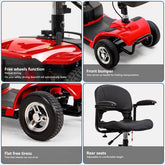 Red mobility scooter close-up showing free wheel function, front bumper, flat free tires, and adjustable rear seat.