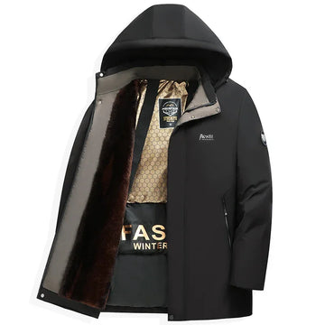 Black winter parka with hood, faux fur and quilted gold lining, slim fit, zip pockets