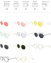 Geometric sunglasses with gold frames in various lens colors including pink, yellow, blue, purple, black, green, and clear, featuring slim arms and lightweight design.