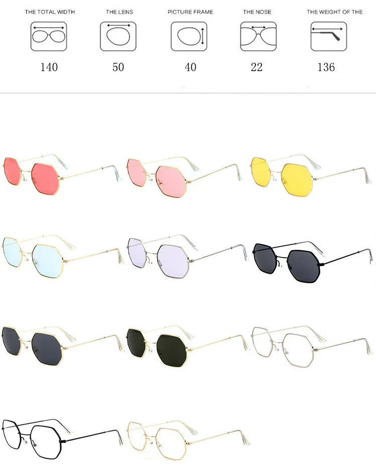 Geometric sunglasses with gold frames in various lens colors including pink, yellow, blue, purple, black, green, and clear, featuring slim arms and lightweight design.