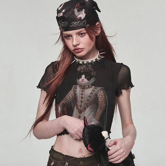 Hot Girl Style Cat Printing Mesh Polyester Top Women's Clothing
