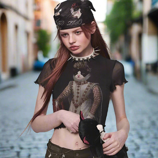 Hot Girl Style Cat Printing Mesh Polyester Top Women&