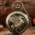 Vintage bronze pocket watch with embossed pegasus design and intricate metal chain