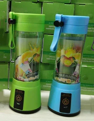 Green and blue portable electric blenders with clear plastic bodies and touch power buttons