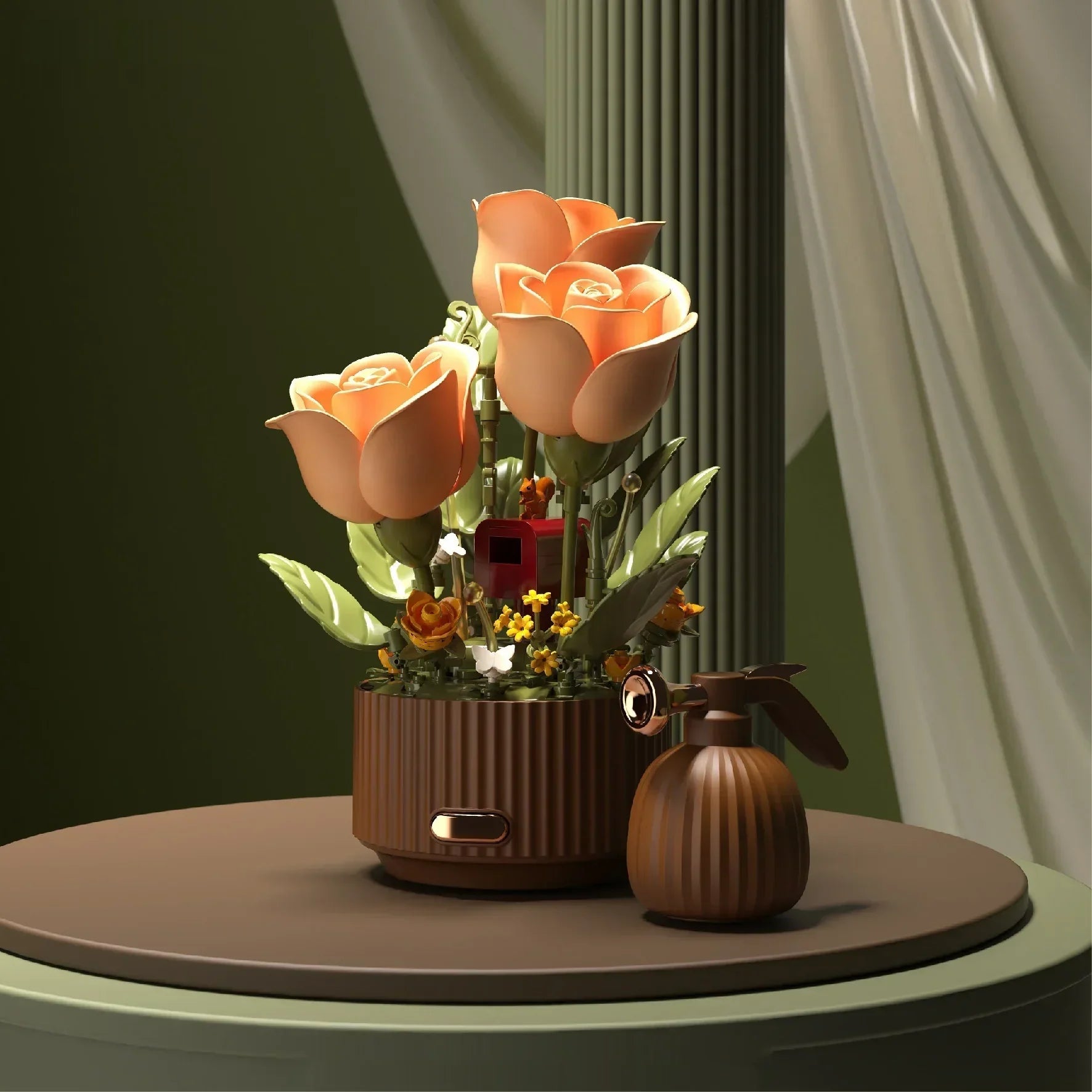 Artificial peach rose bouquet in ribbed brown pot with matching spray bottle on round table