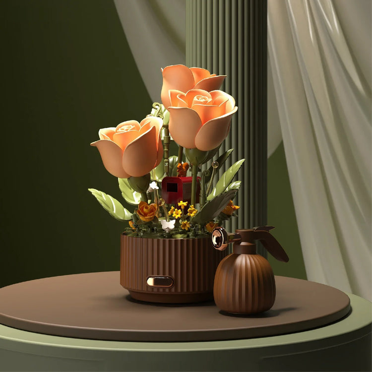 Artificial peach rose bouquet in ribbed brown pot with matching spray bottle on round table