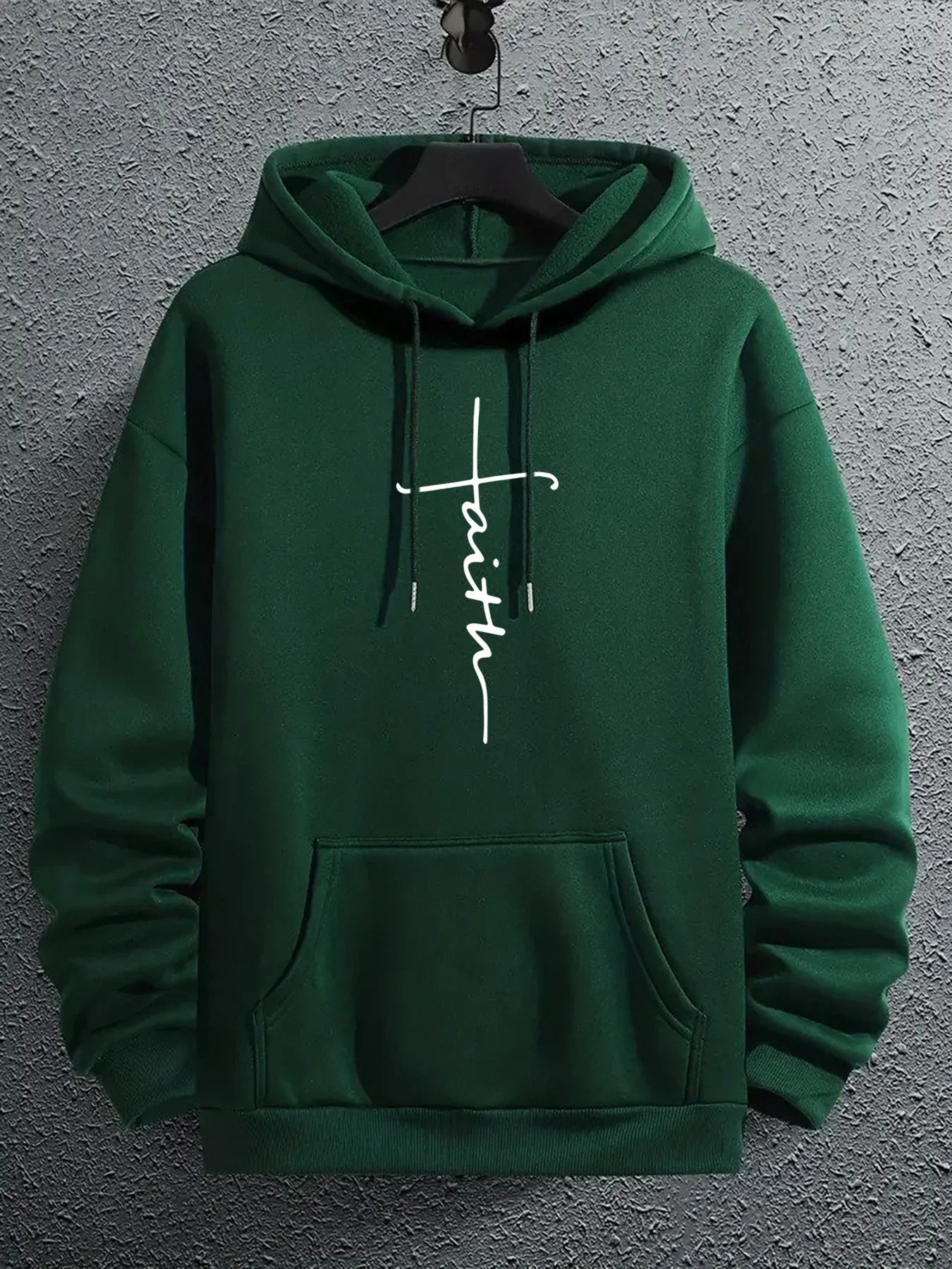 Dark green fleece hoodie with front pocket, relaxed fit, and white &