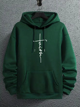 Dark green fleece hoodie with front pocket, relaxed fit, and white &