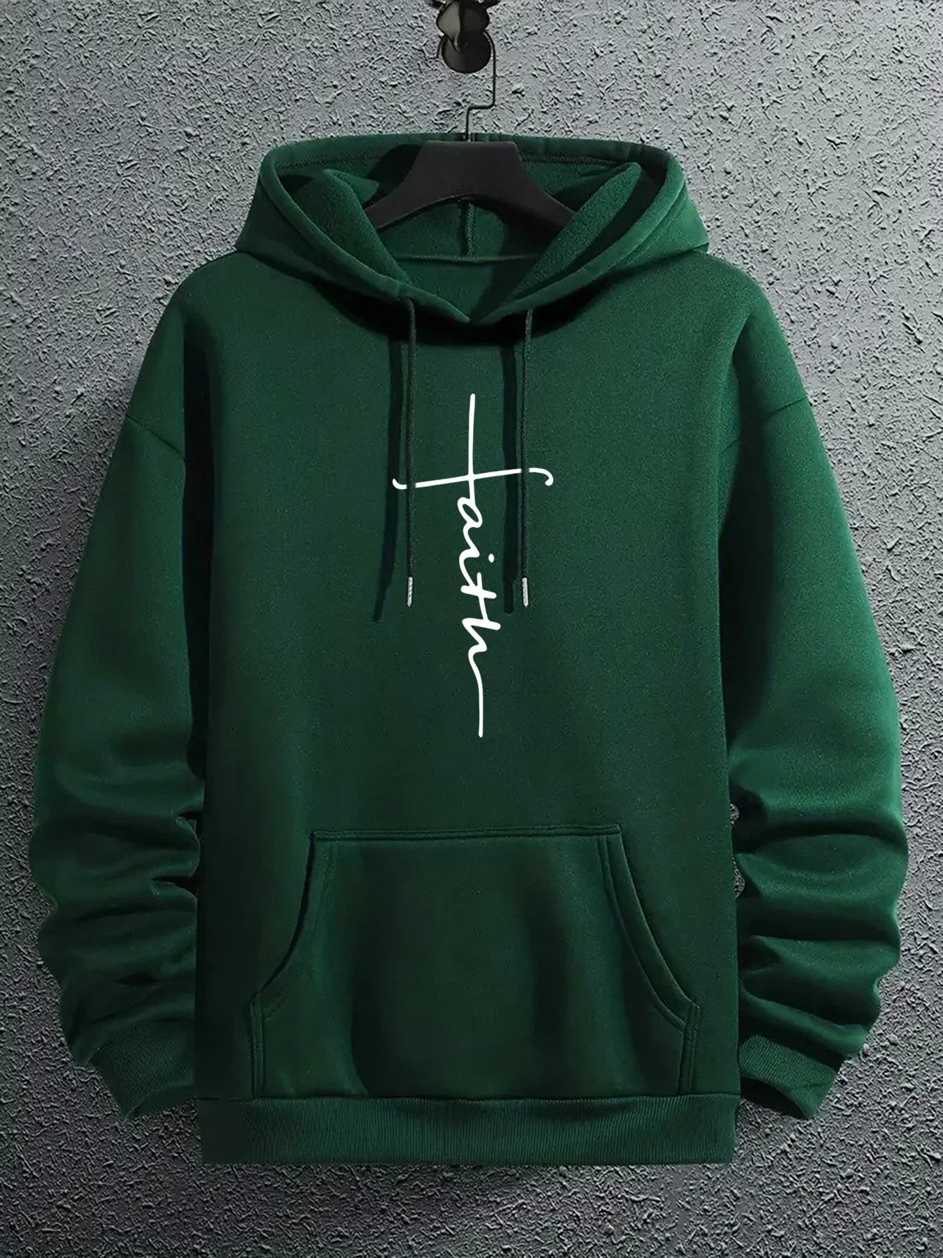 Dark green fleece hoodie with front pocket, relaxed fit, and white 'faith' graphic print
