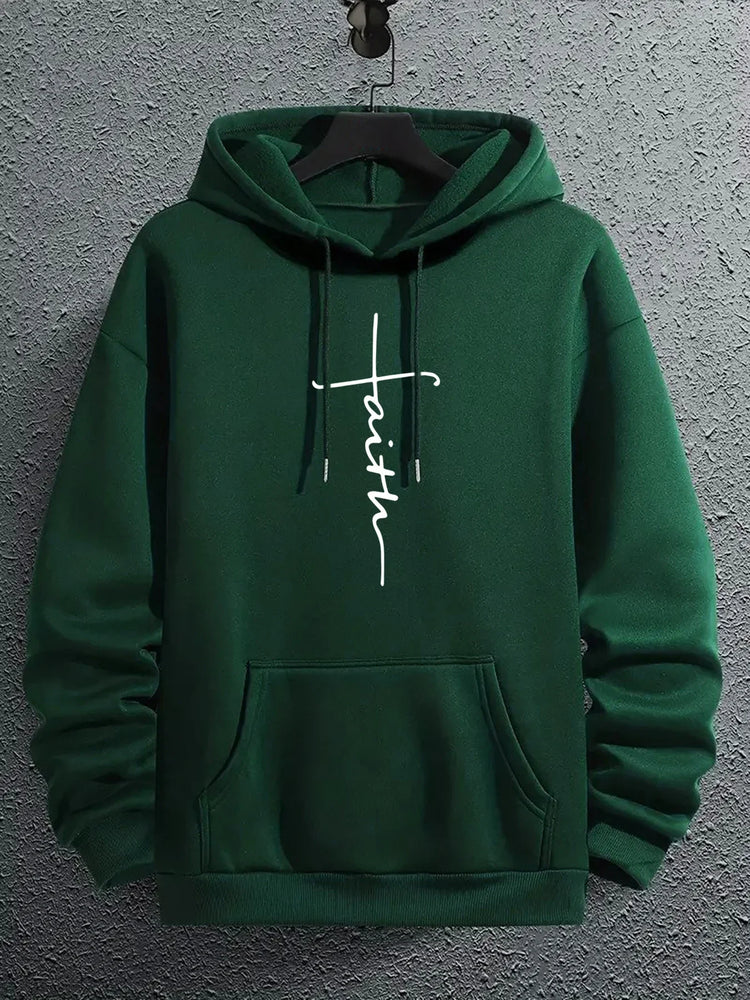 Dark green fleece hoodie with front pocket, relaxed fit, and white &